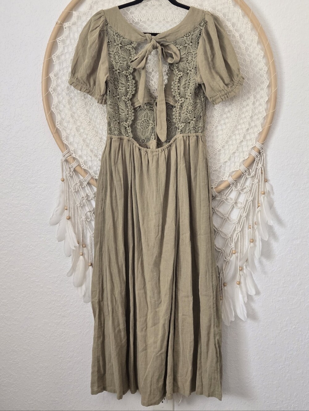 Free People All You Need Is Lace Midi Dress Olive Green Bohemian Size M - Picture 7 of 12